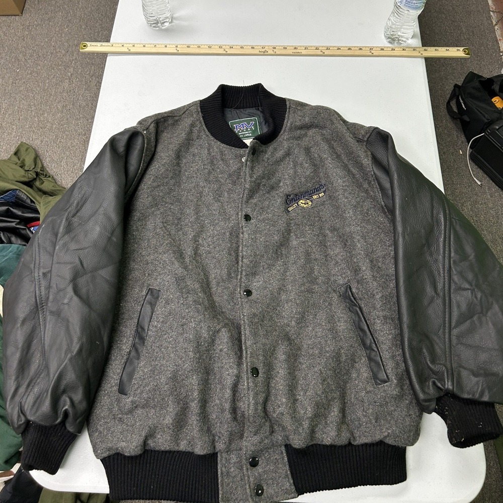 MV Sport Varsity Jacket Mens XXL Grey Entenmanns Leather Sleeve Wool Bomber